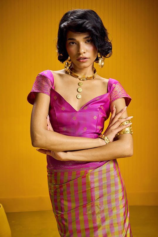 Rubia Rani Pink & Gold Pure Silk Handloom Zari Checkered Ready to Wear Saree