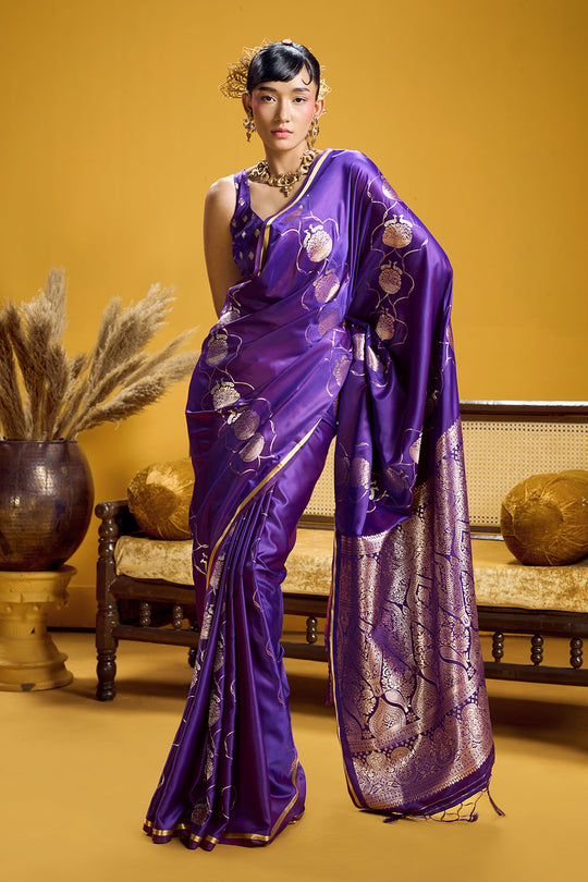 Vama Royal Purple Pure Satin Handloom Weaving Ready to Wear Saree