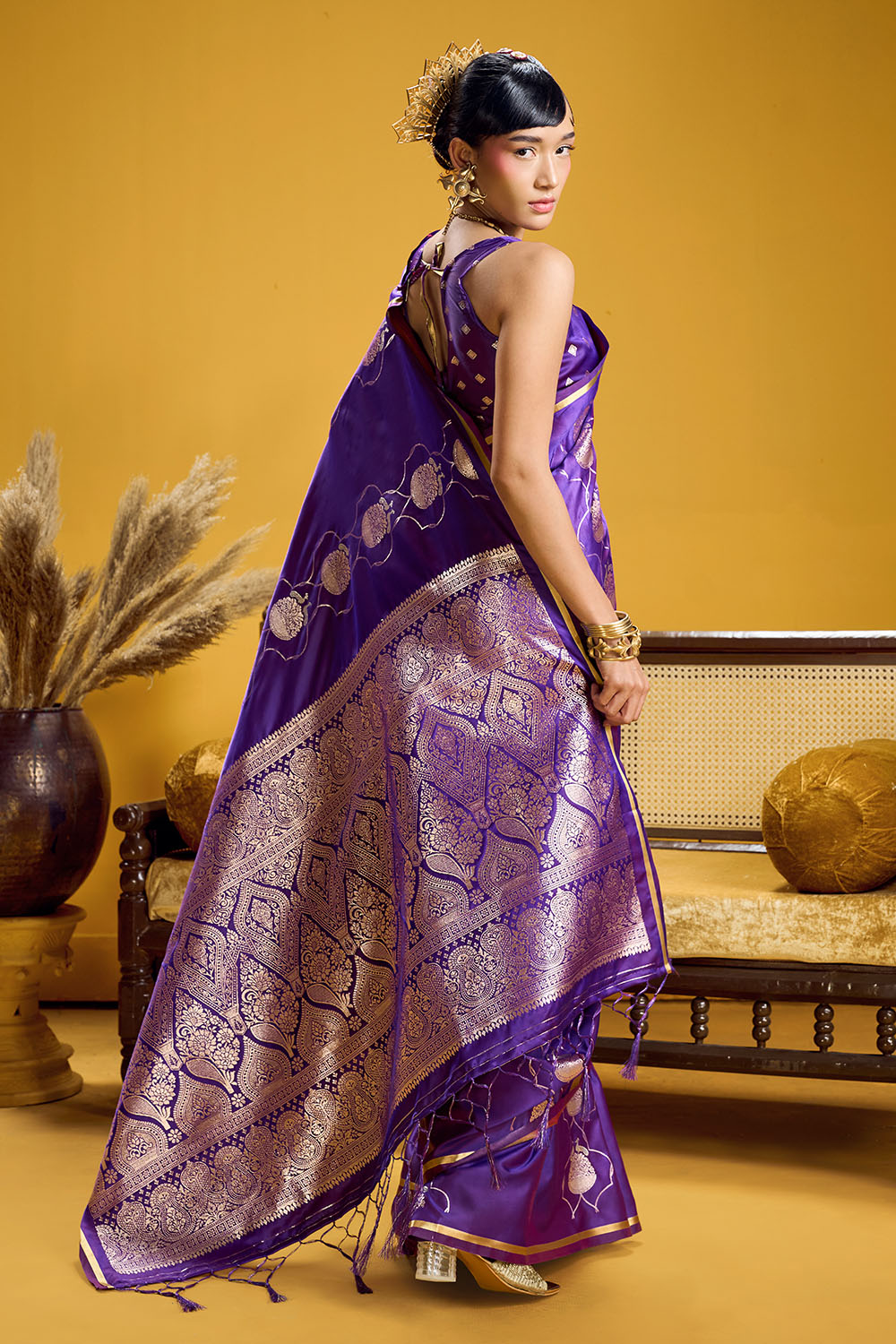 Vama Royal Purple Pure Satin Handloom Weaving Ready to Wear Saree