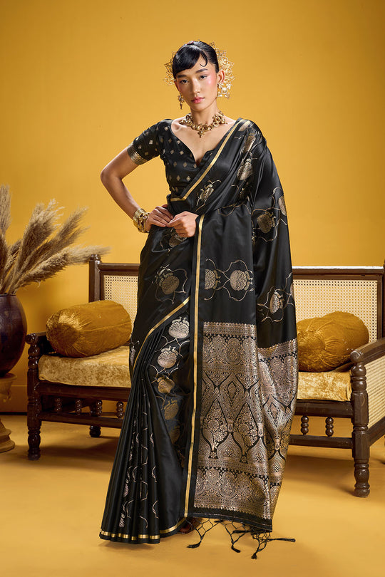 Vama Black Pure Satin Handloom Weaving Ready to Wear Saree