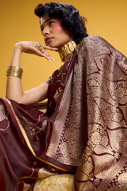 Vama Brown Pure Satin Handloom Weaving Ready to Wear Saree