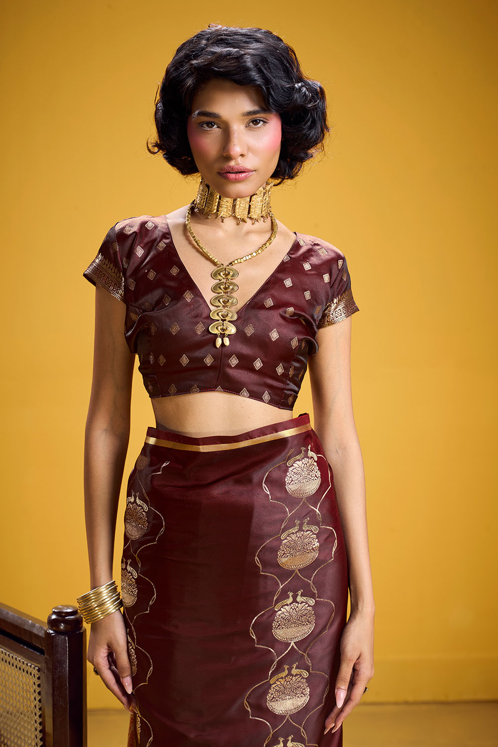 Vama Brown Pure Satin Handloom Weaving Ready to Wear Saree