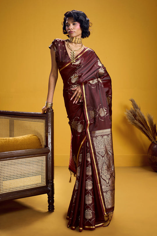 Vama Brown Pure Satin Handloom Weaving Ready to Wear Saree