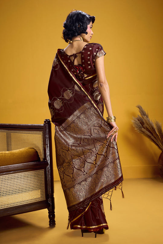 Vama Brown Pure Satin Handloom Weaving Ready to Wear Saree
