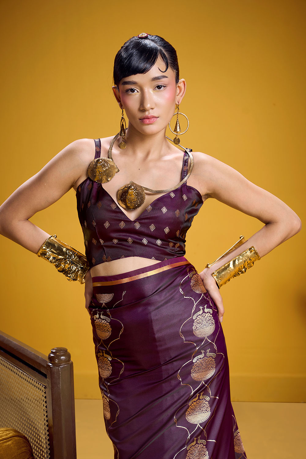 Vama Wine Pure Satin Handloom Weaving Ready to Wear Saree