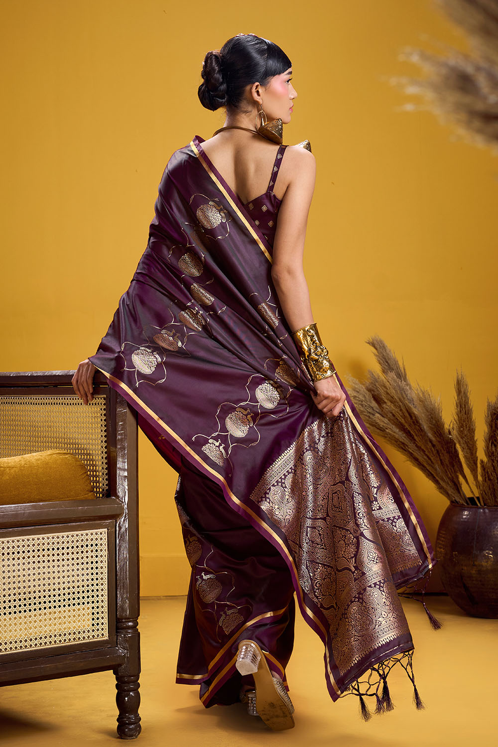 Vama Wine Pure Satin Handloom Weaving Ready to Wear Saree