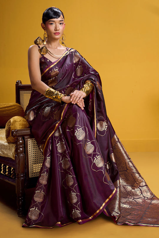 Vama Wine Pure Satin Handloom Weaving Ready to Wear Saree
