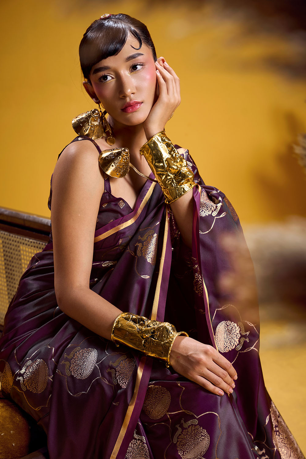 Vama Wine Pure Satin Handloom Weaving Ready to Wear Saree