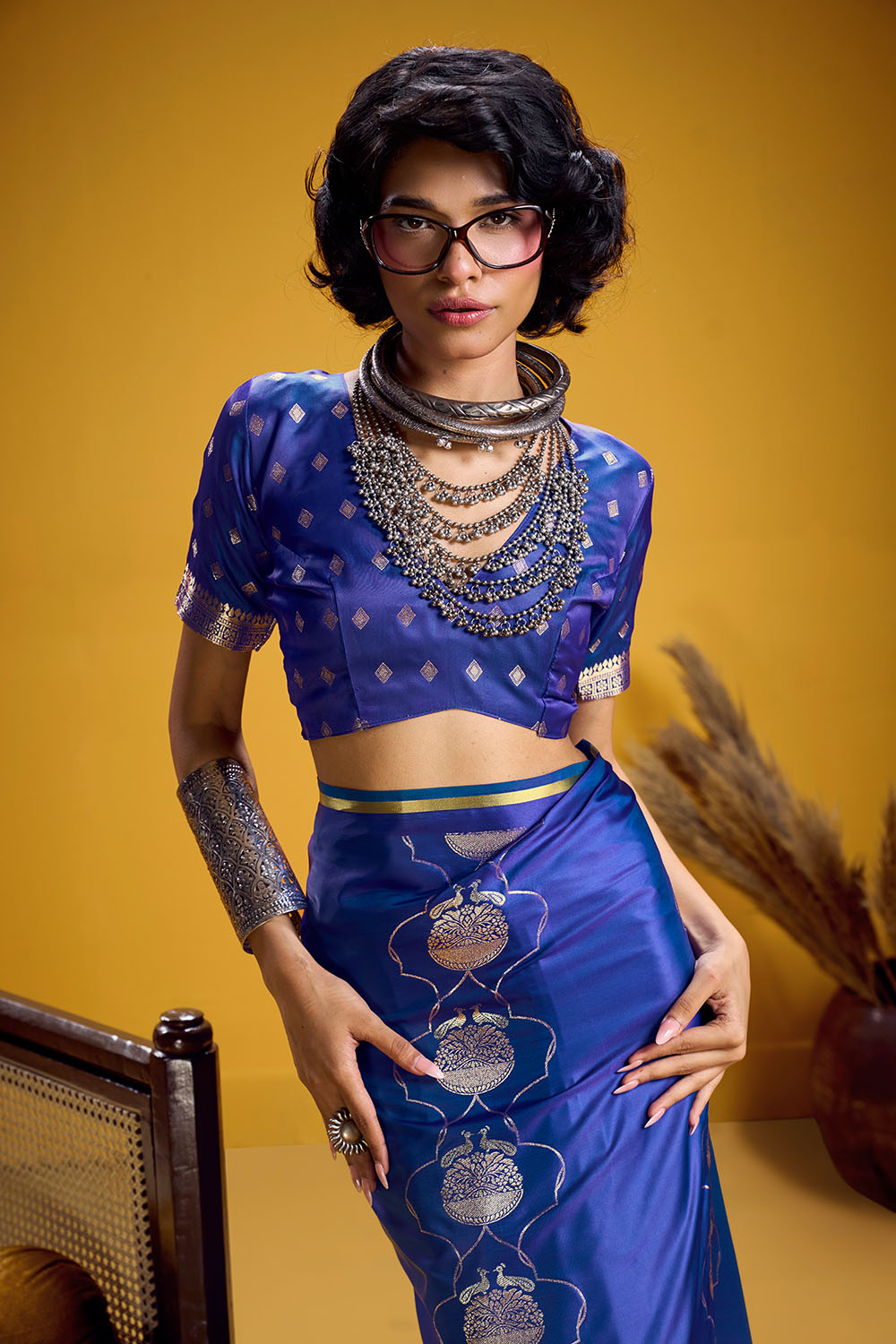 Vama Royal Blue Pure Satin Handloom Weaving Ready to Wear Saree