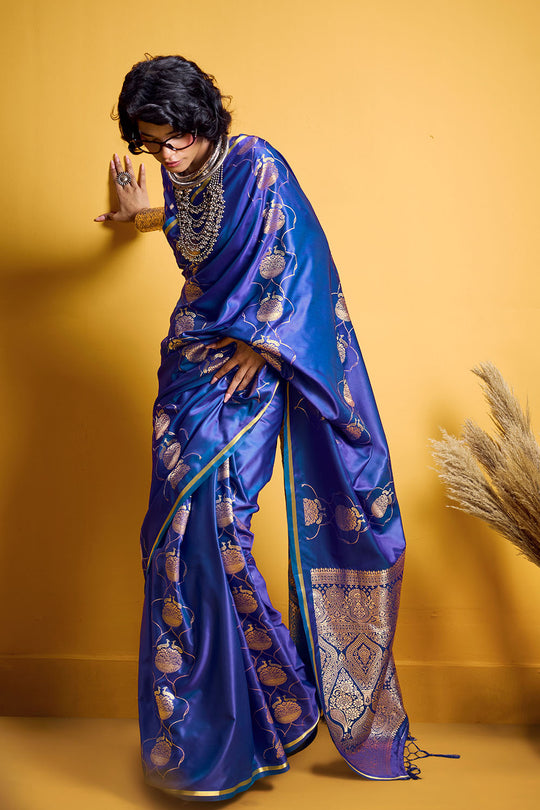 Vama Royal Blue Pure Satin Handloom Weaving Ready to Wear Saree
