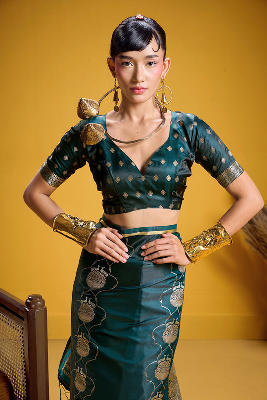 Vama Bottle Green Pure Satin Handloom Weaving Ready to Wear Saree