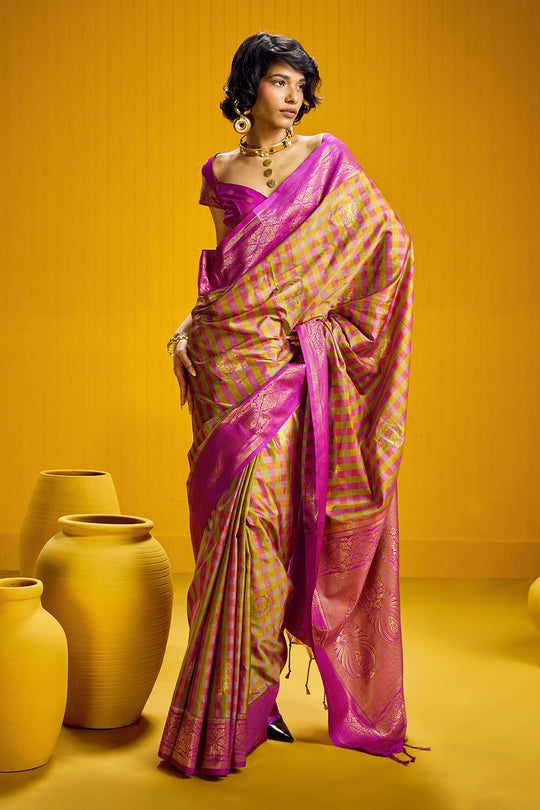 Rubia Rani Pink & Gold Pure Silk Handloom Zari Checkered Ready to Wear Saree