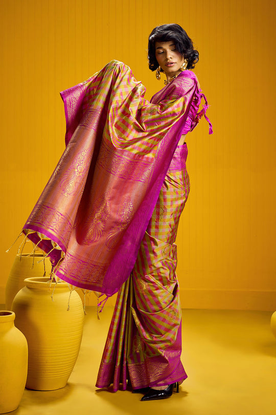 Rubia Rani Pink & Gold Pure Silk Handloom Zari Checkered Ready to Wear Saree