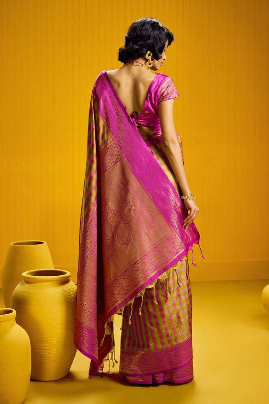 Rubia Rani Pink & Gold Pure Silk Handloom Zari Checkered Ready to Wear Saree