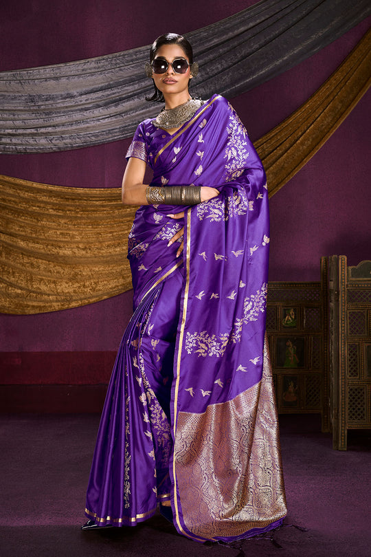 Akari Royal Purple Pure Satin Handloom Weaving Silk Ready to Wear Saree