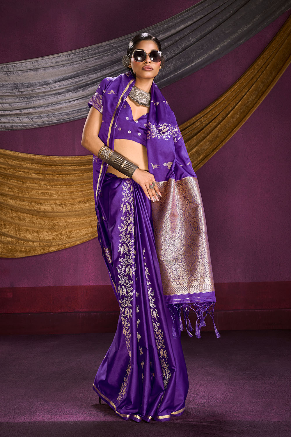 Akari Royal Purple Pure Satin Handloom Weaving Silk Ready to Wear Saree