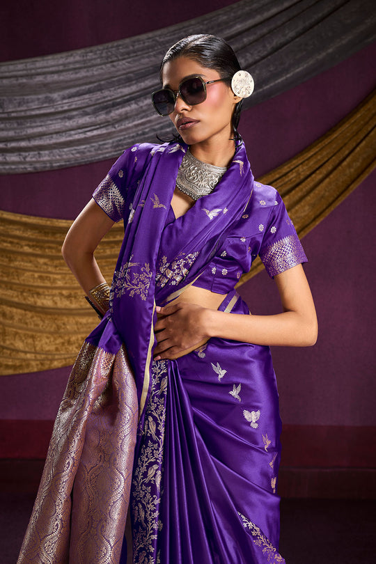 Akari Royal Purple Pure Satin Handloom Weaving Silk Ready to Wear Saree