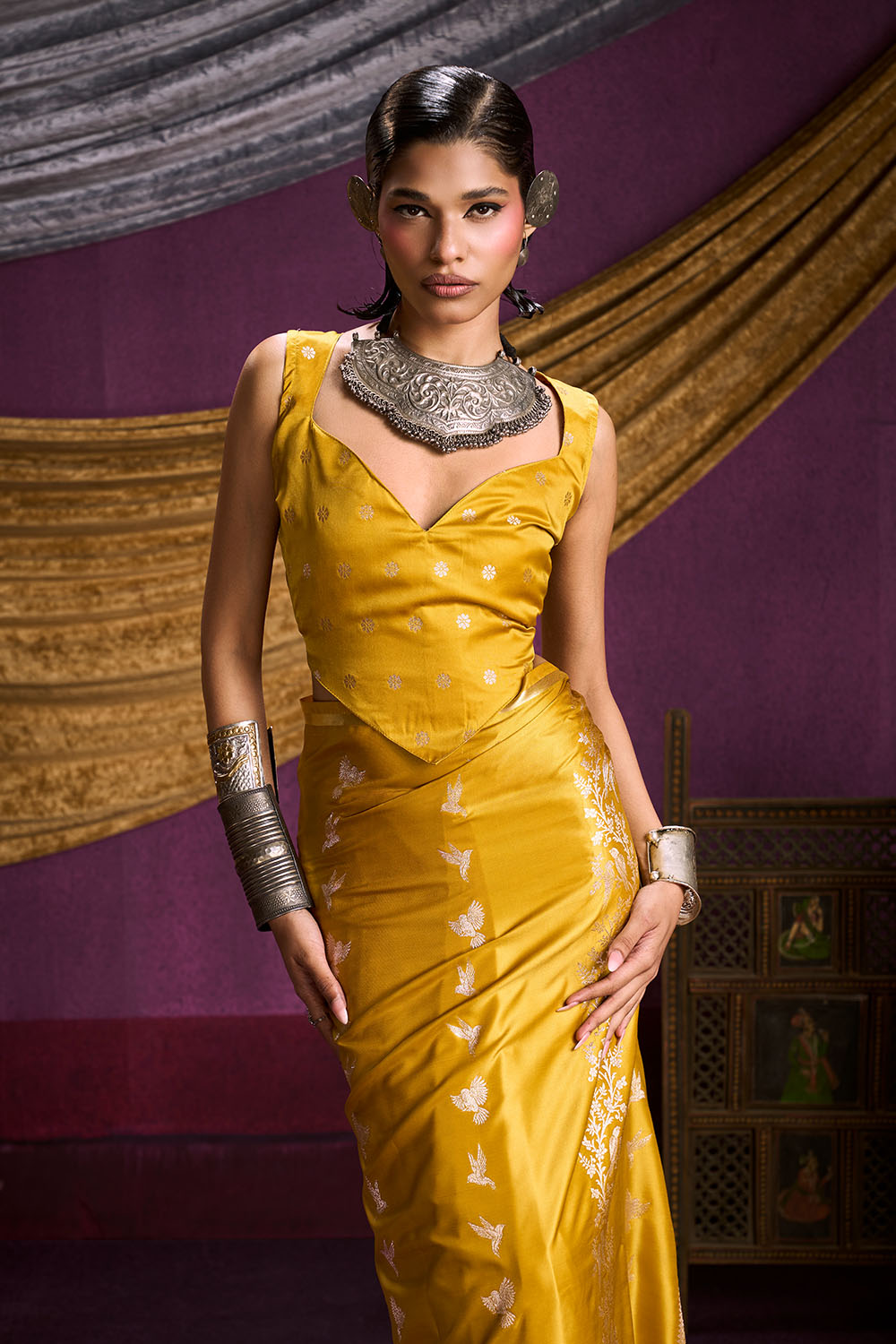 Akari Mustard Yellow Pure Satin Handloom Weaving Silk Ready to Wear Saree