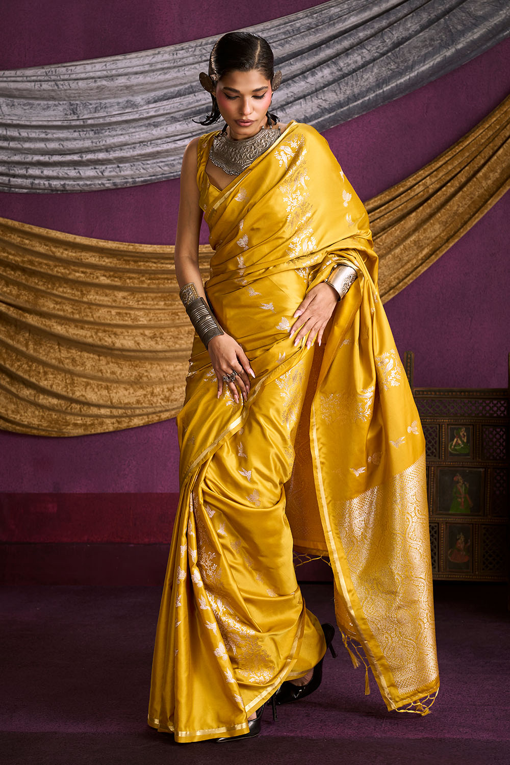 Akari Mustard Yellow Pure Satin Handloom Weaving Silk Ready to Wear Saree