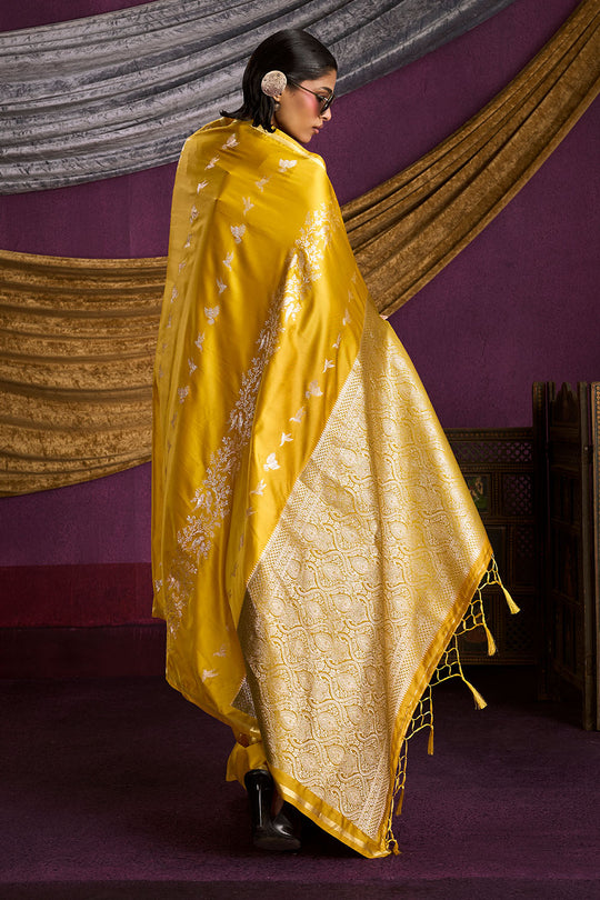 Akari Mustard Yellow Pure Satin Handloom Weaving Silk Ready to Wear Saree