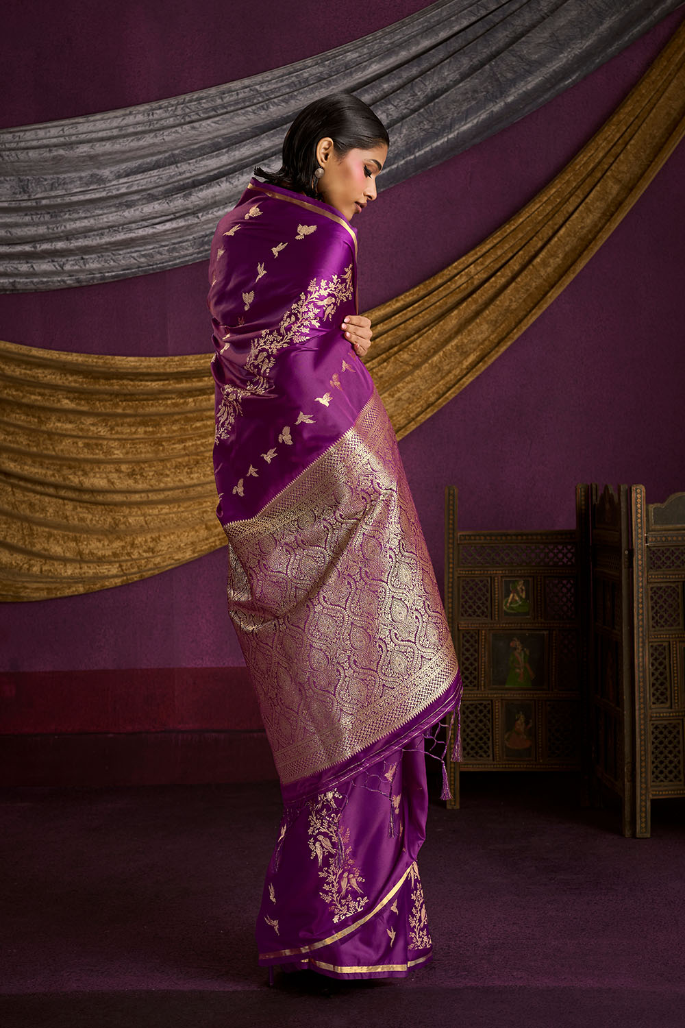 Akari Wine Purple Pure Satin Handloom Weaving Silk Ready to Wear Saree