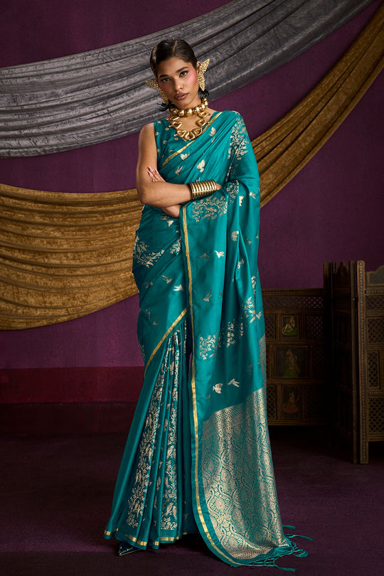 Akari Teal Blue Pure Satin Handloom Weaving Silk Ready to Wear Saree
