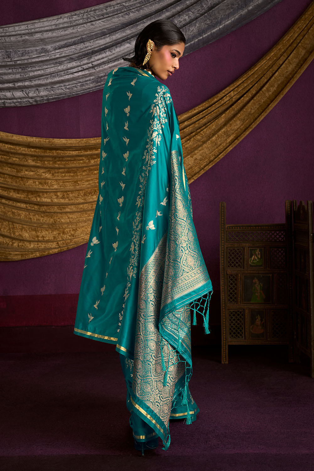 Akari Teal Blue Pure Satin Handloom Weaving Silk Ready to Wear Saree