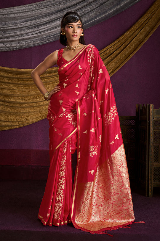 Akari Crimson Red Pure Satin Handloom Weaving Silk Ready to Wear Saree