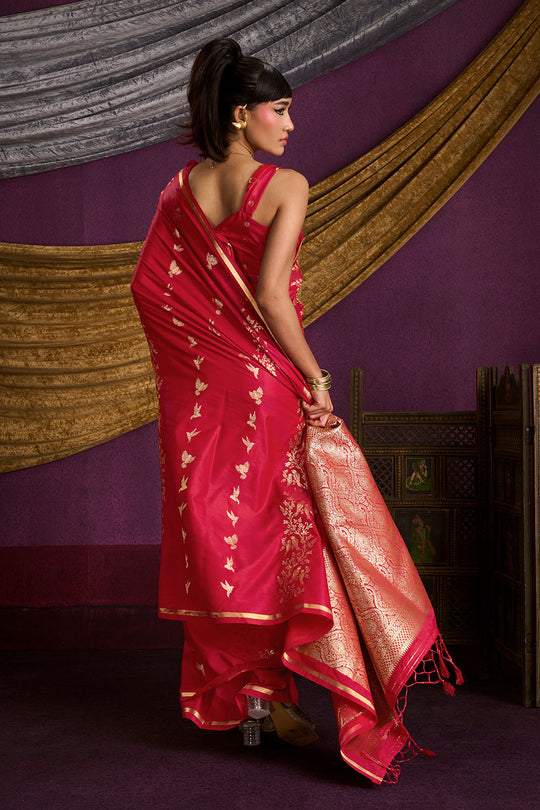 Akari Crimson Red Pure Satin Handloom Weaving Silk Ready to Wear Saree