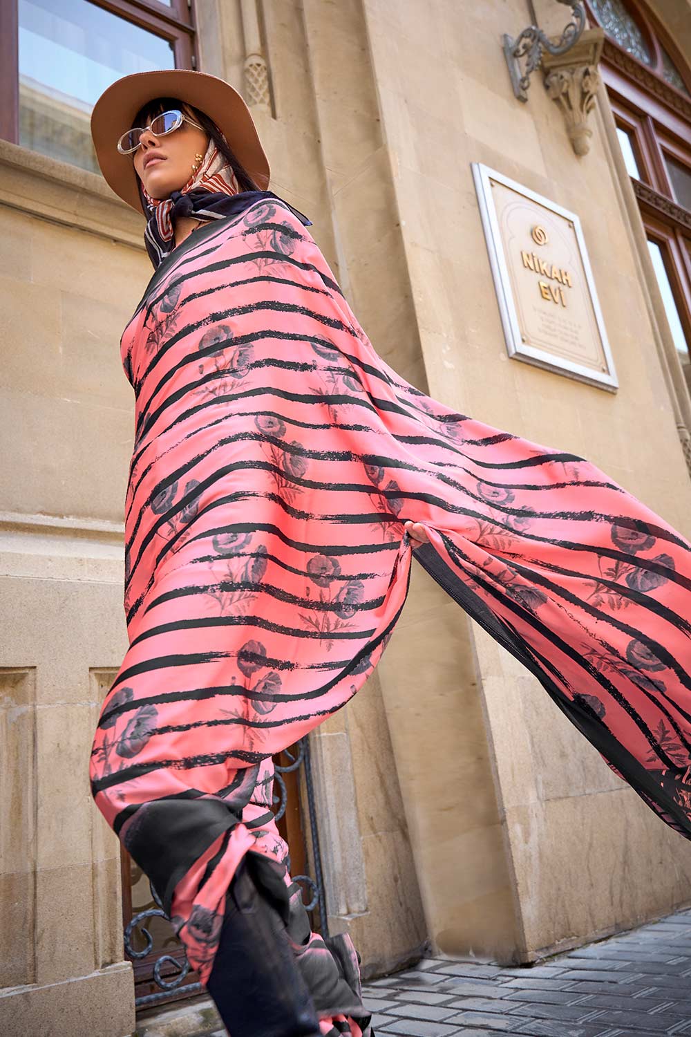 Amal Pink Printed Stripes Satin Crepe One Minute Saree