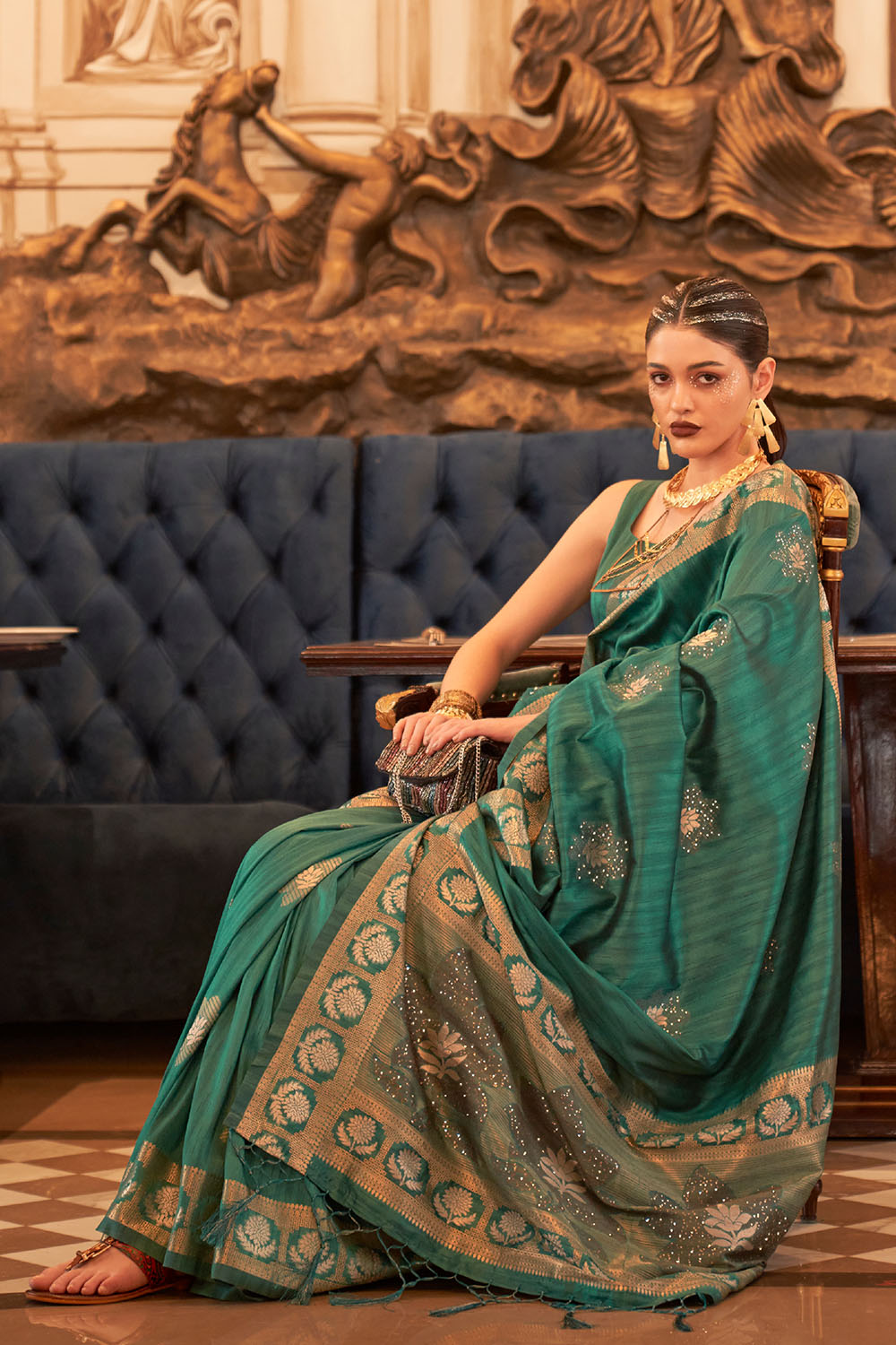 Siyara Green Tissue Woven Ready to Wear One Minute Saree
