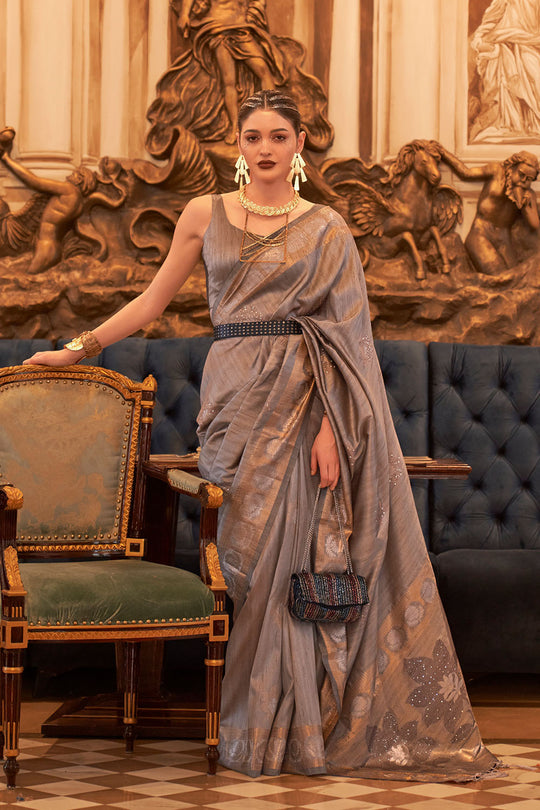 Siyara Grey Tissue Woven Ready to Wear One Minute Saree