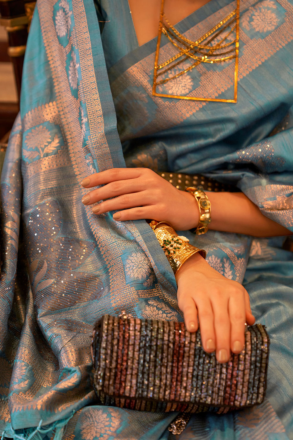 Siyara Blue Tissue Woven Ready to Wear One Minute Saree