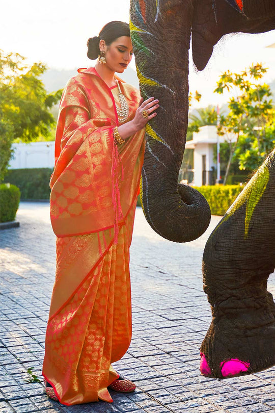 Tress Orange Handloom Weaving Silk One Minute Saree