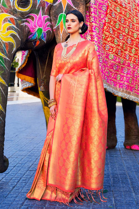 Tress Orange Handloom Weaving Silk One Minute Saree