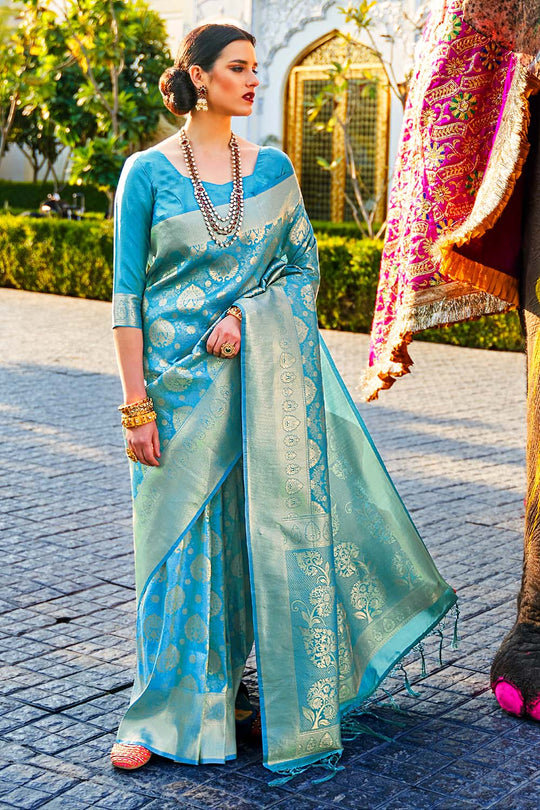 Tress Blue Handloom Weaving Silk One Minute Saree