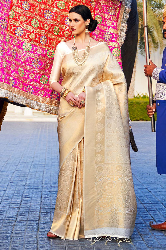 Tress  Cream Handloom Weaving Silk One Minute Saree