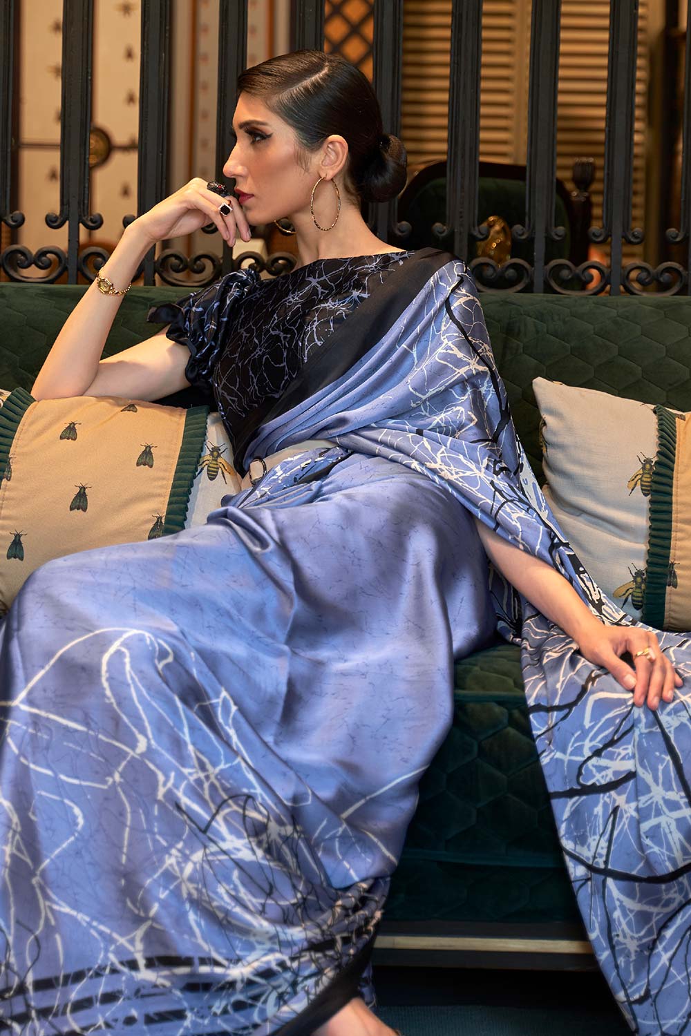 Naia Blue Abstract Printed Satin One Minute Saree