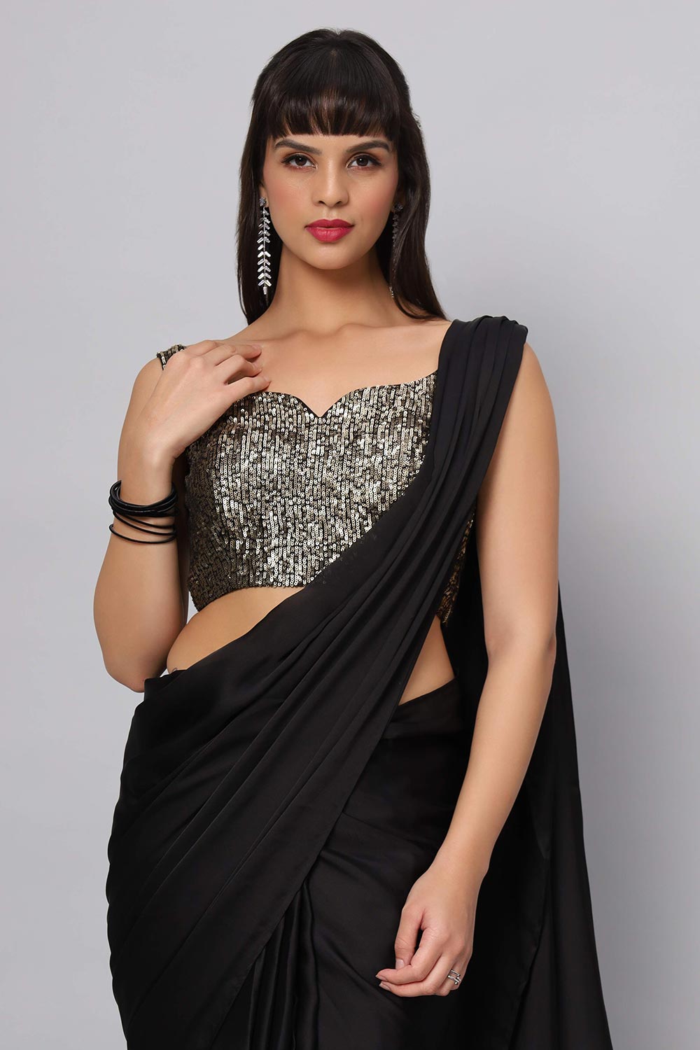Zaara Black Satin Feather Trim Ready to Wear One Minute Saree