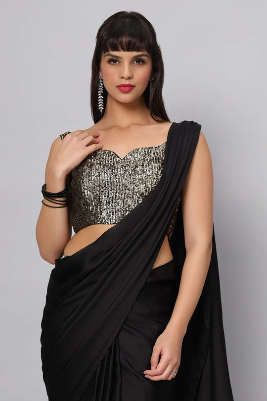 Zaara Black Satin Feather Trim Ready to Wear One Minute Saree