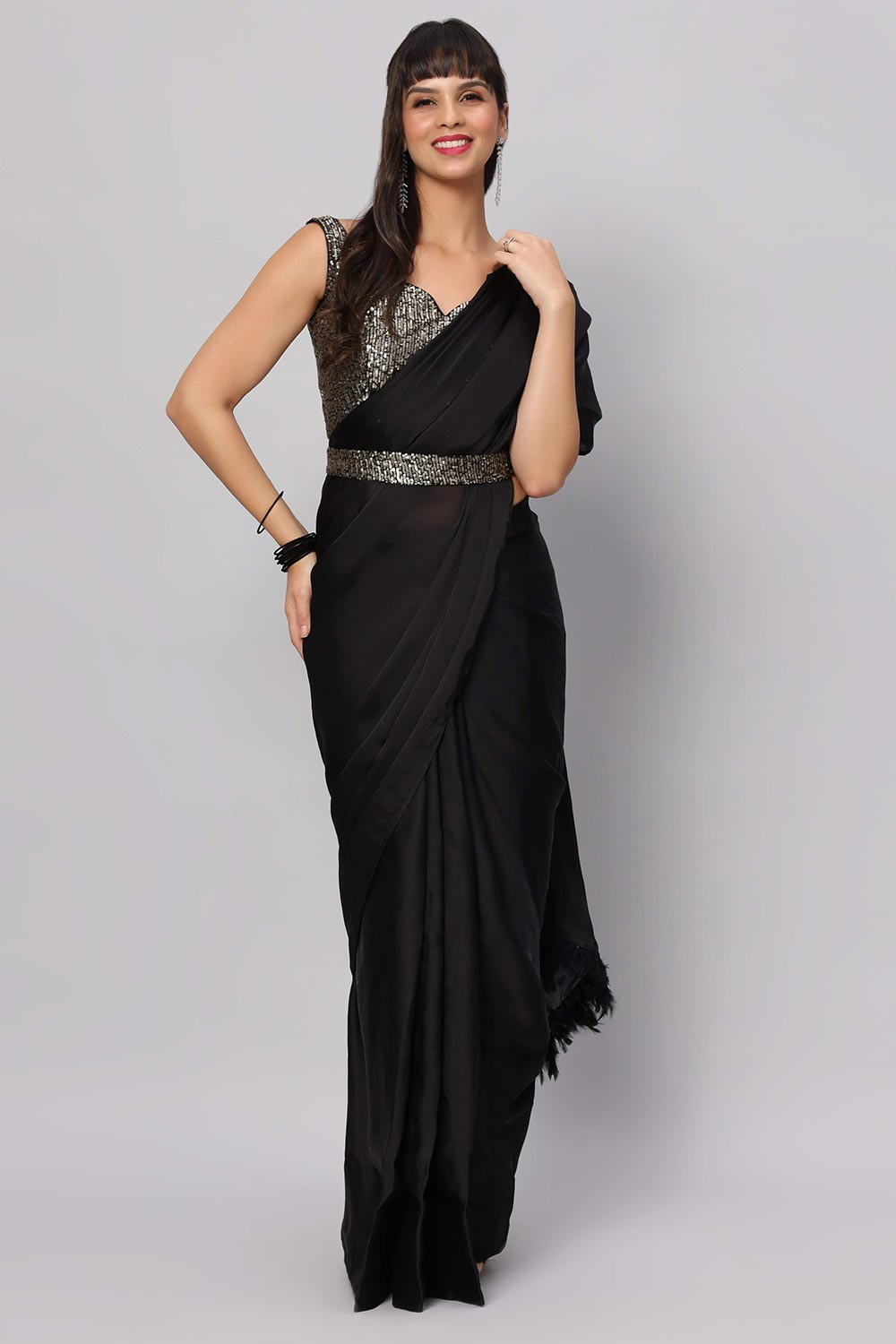 Zaara Black Satin with Feather Trim Ready to Ship One Minute Saree