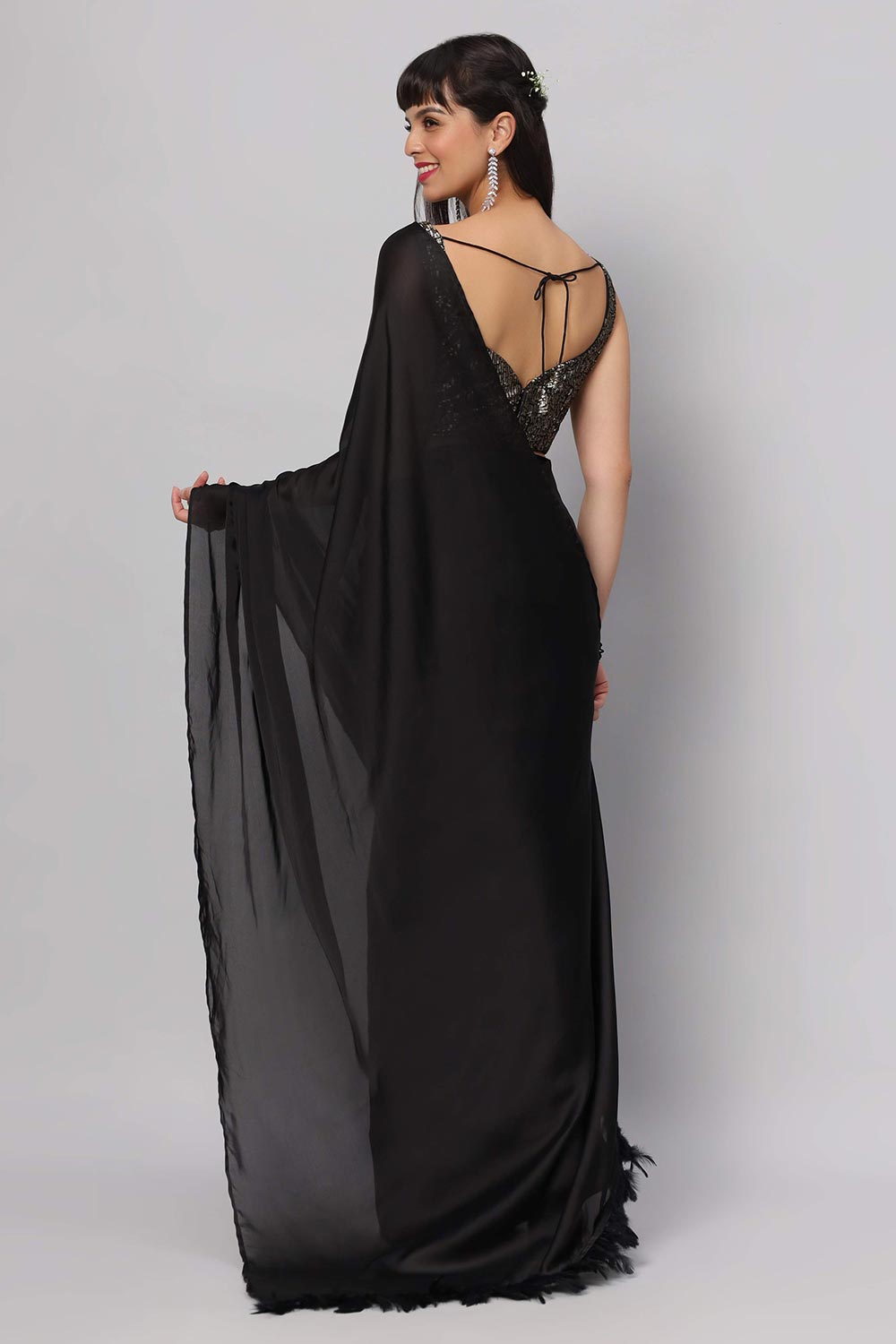 Zaara Black Satin Feather Trim Ready to Wear One Minute Saree