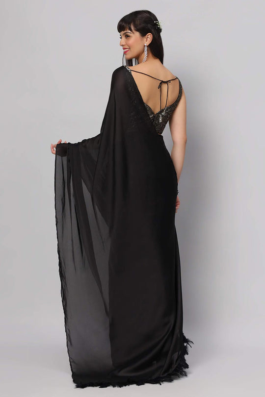 Zaara Black Satin Feather Trim Ready to Wear One Minute Saree