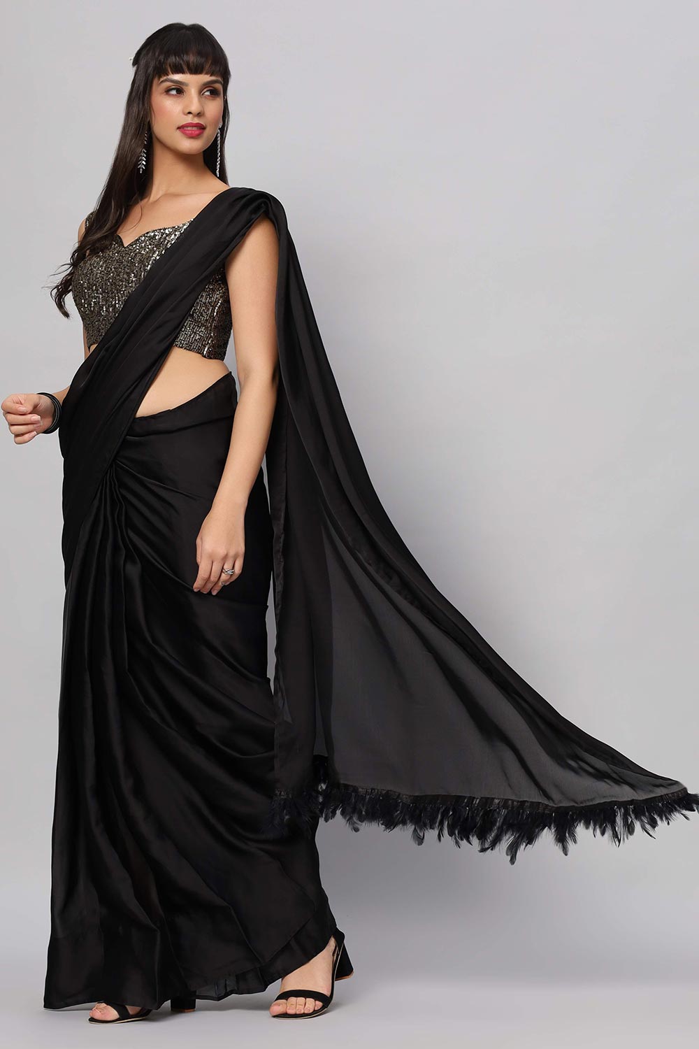 Zaara Black Satin with Feather Trim Ready to Ship One Minute Saree