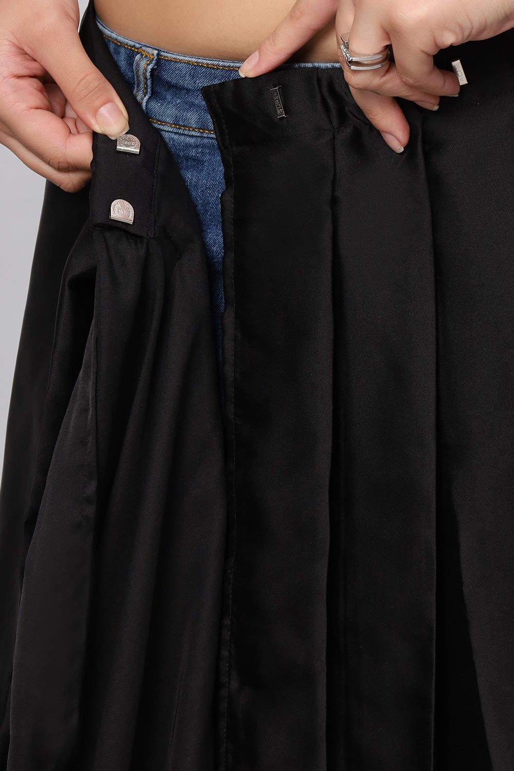 Zaara Black Satin Feather Trim Ready to Wear One Minute Saree