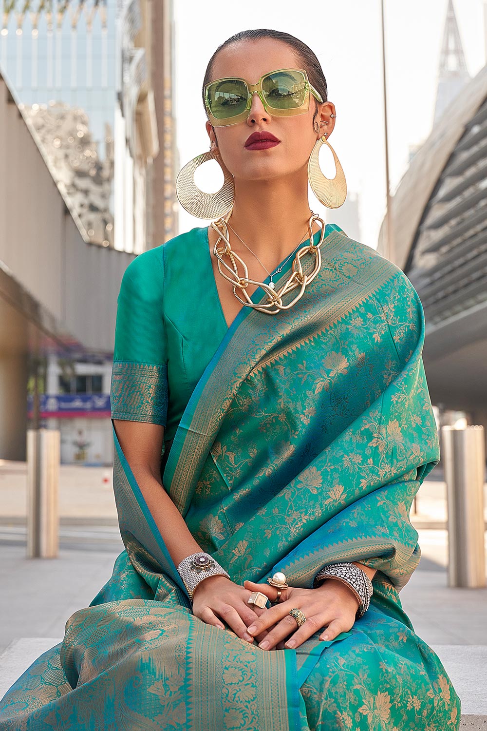 Zainab Teal Green Silk Woven Ready to Wear One Minute Saree