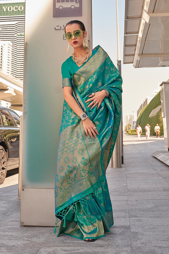 Zainab Teal Green Silk Woven Ready to Wear One Minute Saree