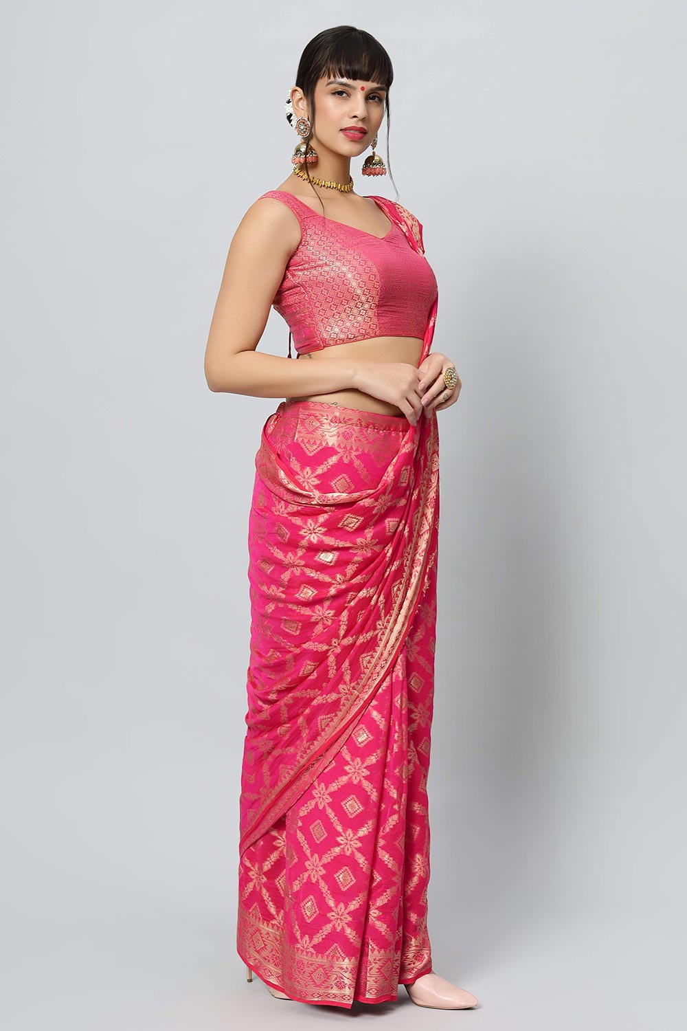 Sana Rani Pink Georgette Embroidered Ready to Wear One Minute Saree