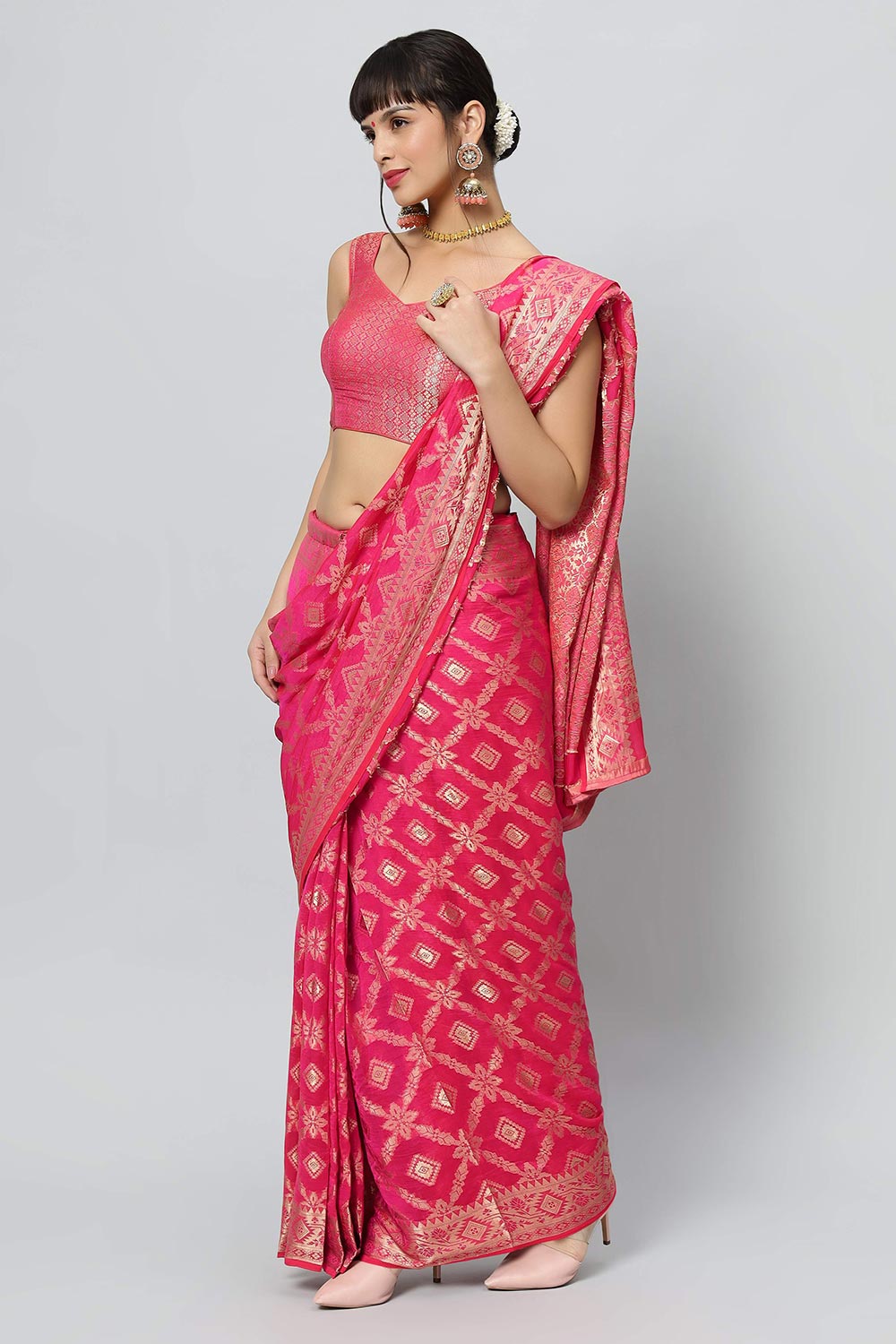 Sana Rani Pink Georgette Embroidered Ready to Wear One Minute Saree