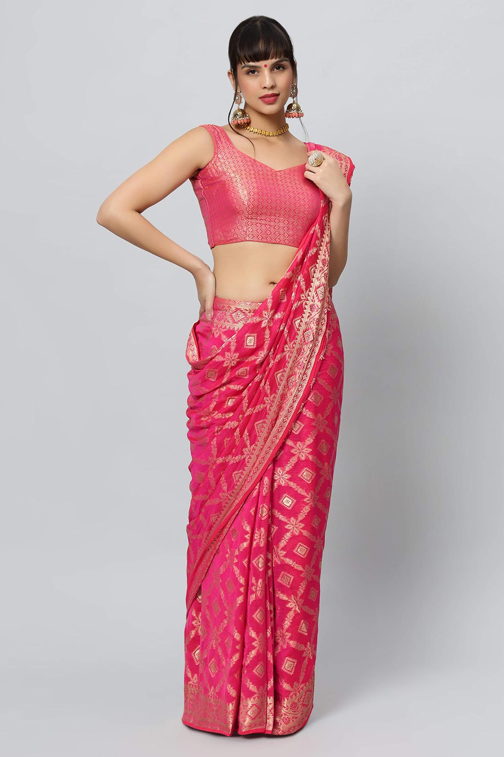 Sana Rani Pink & Gold Embroidered Georgette One Minute Saree